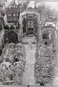 Photograph from Cathedral battlements looking east to Cathedral; damage due to fire